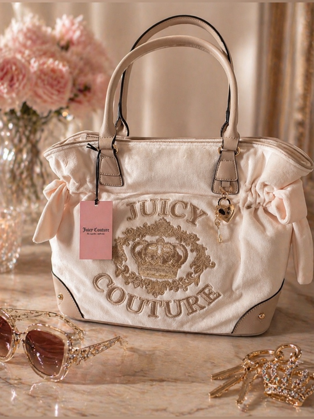 Juicy Couture Falling for Juicy 💎 Tote Bag w/ Bow Details & Gold Charm Y2K Luxe